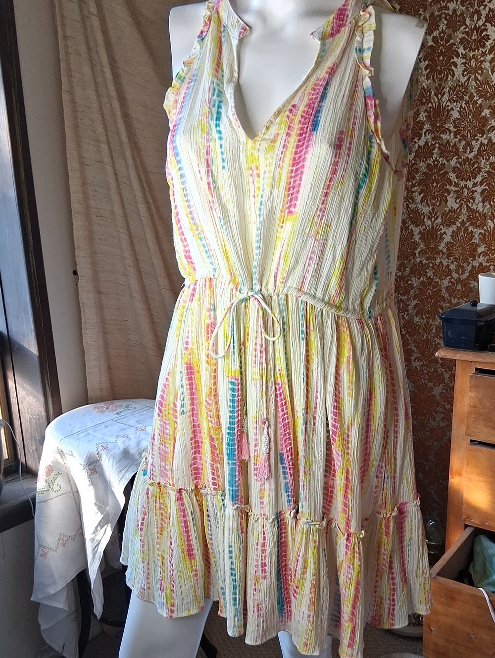 Dex White Dress with Pink and Yellow Floral Stripes